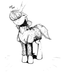 Size: 1093x1330 | Tagged: safe, artist:testostepone, imported from derpibooru, oc, oc only, oc:knight pone, human, armor, hand, head pat, monochrome, pat