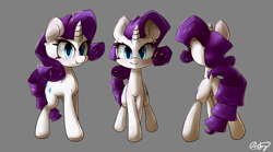 Size: 7189x4000 | Tagged: safe, artist:bloodatius, artist:luxaestas, imported from derpibooru, rarity, pony, unicorn, absurd resolution, female, gray background, looking at you, mare, rear view, signature, simple background, solo