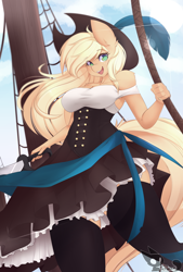 Size: 900x1333 | Tagged: safe, artist:teranen, imported from derpibooru, applejack, anthro, earth pony, breasts, clothes, colored pupils, female, hat, looking at you, mare, pirate, sexy, ship, smiling, solo, stockings, stupid sexy applejack, sword, thigh highs, thighs, weapon