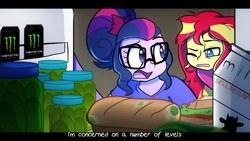 Size: 1280x720 | Tagged: safe, artist:little-tweenframes, deleted from derpibooru, imported from derpibooru, sci-twi, sunset shimmer, twilight sparkle, series:sciset diary, equestria girls, female, food, lesbian, monster energy, pickle, scitwishimmer, shipping, sunsetsparkle