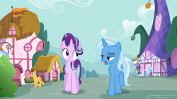 Size: 1920x1080 | Tagged: safe, imported from derpibooru, screencap, caramel, linky, shoeshine, starlight glimmer, trixie, earth pony, pony, unicorn, no second prances, counterparts, female, joke shop, looking at each other, male, mare, stallion, twilight's counterparts, walking