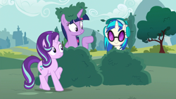 Size: 1920x1080 | Tagged: safe, imported from derpibooru, screencap, dj pon-3, starlight glimmer, twilight sparkle, vinyl scratch, alicorn, pony, unicorn, no second prances, bush, bushanka, bushicorn, female, headphones, hide and seek, mare, trio, twilight bushel, twilight sparkle (alicorn)