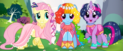 Size: 743x308 | Tagged: safe, artist:unicornsmile, imported from derpibooru, fluttershy, rainbow dash, twilight sparkle, pony, alternate hairstyle, clothes, dress, dress up who, dressupwho, female, looking at you, mare, open mouth, outdoors, rainbow dash always dresses in style, smiling, trio