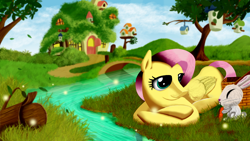 Size: 1920x1080 | Tagged: safe, artist:leonkay, imported from derpibooru, angel bunny, fluttershy, pony, fluttershy's cottage, prone