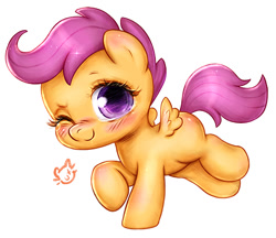 Size: 470x407 | Tagged: safe, artist:catmag, imported from derpibooru, scootaloo, pegasus, pony, blushing, cute, cutealoo, female, filly, looking at you, one eye closed, simple background, solo, weapons-grade cute, white background, wink