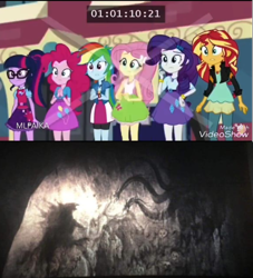 Size: 864x951 | Tagged: safe, edit, edited screencap, imported from derpibooru, screencap, fluttershy, pinkie pie, rainbow dash, rarity, sci-twi, sunset shimmer, twilight sparkle, kaiju, eqg summertime shorts, equestria girls, get the show on the road, cave painting, end credits, godzilla, godzilla (series), godzilla 2014, godzilla: king of the monsters 2019, king ghidorah, king ghidorah 2019, kong: skull island, monsterverse, obligatory pony, spoilers for another series, watermark