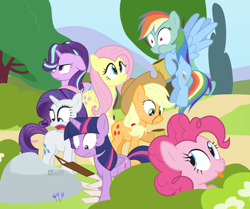 Size: 1100x920 | Tagged: safe, artist:dm29, imported from derpibooru, applejack, fluttershy, pinkie pie, rainbow dash, rarity, starlight glimmer, twilight sparkle, alicorn, earth pony, pegasus, pony, unicorn, april fools, bush, cider, female, flying, folder, group, looking back, mane six, mare, nauseous, paper, prank, sky, smiling, tongue out, tree, twilight sparkle (alicorn), unamused