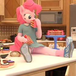 Size: 920x920 | Tagged: safe, artist:tahublade7, imported from derpibooru, pinkie pie, anthro, plantigrade anthro, 3d, cake, clothes, cupcake, cute, diapinkes, dress, eating, female, filly, filly pinkie pie, food, kitchen, microwave, milk, panties, shoes, silly panties, skirt, skirt lift, sneakers, socks, table, underwear, upskirt, white underwear, younger