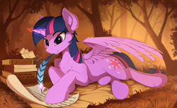 Size: 2440x1485 | Tagged: safe, artist:yakovlev-vad, imported from derpibooru, twilight sparkle, alicorn, pony, art, blanket, book, cheek fluff, chest fluff, ear fluff, female, fluffy, forest, glowing horn, grass, letter, levitation, magic, mare, paper, prone, quill, scroll, shoulder fluff, slim, smiling, solo, telekinesis, this will end in pain and/or death, this will end in vore, tree, twilight sparkle (alicorn), wing fluff, writing