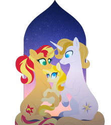 Size: 904x1024 | Tagged: safe, artist:carouselunique, imported from derpibooru, prince blueblood, sunset shimmer, oc, oc:sparkling dawn, unicorn, cuddling, cute, evening, female, hug, lullaby, male, mama sunset, mood lighting, next generation, offspring, parent:prince blueblood, parent:sunset shimmer, parents:sunblood, shipping, simple background, straight, sunblood, transparent background