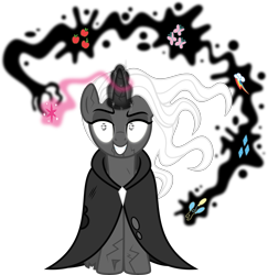 Size: 5592x5760 | Tagged: safe, artist:osipush, imported from derpibooru, oc, oc only, pony, unicorn, absurd resolution, cloak, clothes, creepy, cutie mark, evil grin, female, glowing eyes, glowing horn, grin, magic, mare, simple background, smiling, transparent background, white hair