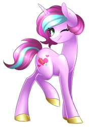 Size: 1523x1904 | Tagged: safe, artist:scarlet-spectrum, imported from derpibooru, oc, oc only, oc:artsy fantasy, pony, unicorn, colored pupils, commission, ear piercing, female, green eyes, looking at you, mare, one eye closed, piercing, raised leg, simple background, smiling, solo, transparent background, wink