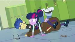 Size: 854x480 | Tagged: safe, imported from derpibooru, screencap, flash sentry, sci-twi, twilight sparkle, equestria girls, friendship games, clothes, crystal prep academy uniform, discovery family logo, eyes closed, glasses, guitar, guitar case, jacket, magic capture device, on the floor, school uniform, shoes, sneakers, socks