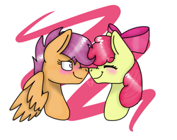 Size: 653x521 | Tagged: safe, artist:vixeyistrash, imported from derpibooru, apple bloom, scootaloo, pony, blushing, boop, bust, cute, female, lesbian, noseboop, scootabloom, shipping, simple background, white background