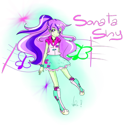 Size: 1293x1262 | Tagged: safe, artist:sonatablaze, imported from derpibooru, fluttershy, sonata dusk, equestria girls, blushing, boots, clothes, female, fusion, fusion:sonata shy, ponytail, skirt, socks, solo