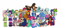 Size: 1280x592 | Tagged: safe, artist:jolliapplegirl, imported from derpibooru, applejack, bon bon, fluttershy, lyra heartstrings, pinkie pie, rainbow dash, rarity, sunset shimmer, sweetie drops, trixie, twilight sparkle, oc, floette, herdier, kirlia, lunatone, pansage, rotom, solrock, staravia, swirlix, sylveon, totodile, equestria girls, boots, clothes, cowboy boots, cowboy hat, crossover, denim skirt, elgyem, hat, high heel boots, hoodie, jacket, jewelry, kricketune, leather jacket, leg warmers, mane six, pokémon, shoes, skirt, socks, stetson