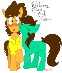 Size: 1000x1187 | Tagged: safe, artist:hufflepuffrave, imported from derpibooru, cheese sandwich, oc, oc:pencil sketch, earth pony, pony, blushing, cheek kiss, duo, female, kissing, male, mare, simple background, stallion, straight, surprise kiss, transparent background