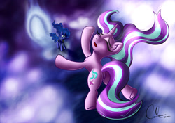 Size: 1600x1131 | Tagged: safe, artist:calena, imported from derpibooru, princess luna, starlight glimmer, alicorn, pony, unicorn, duo, eyes closed