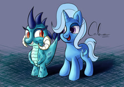 Size: 1600x1131 | Tagged: safe, artist:calena, imported from derpibooru, princess ember, trixie, dragon, pony, unicorn, baby, baby dragon, duo, female, filly, filly trixie, younger