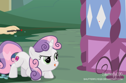 Size: 3002x1980 | Tagged: safe, artist:shutterflyeqd, imported from derpibooru, sweetie belle, human, pony, behaving like a cat, carousel boutique, cute, diasweetes, hand, laser pointer, the cmc's cutie marks, tongue out