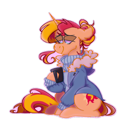 Size: 1000x1000 | Tagged: safe, artist:quill-scribbles, imported from derpibooru, sunset shimmer, pony, unicorn, clothes, coffee, female, smiling, solo