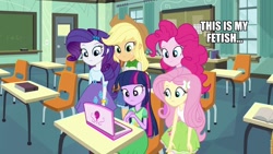 Size: 960x540 | Tagged: safe, edit, edited screencap, imported from derpibooru, screencap, applejack, fluttershy, pinkie pie, rarity, twilight sparkle, equestria girls, equestria girls (movie), book, bracelet, chair, chalkboard, classroom, clothes, computer, cowboy hat, denim skirt, door, female, hat, incomplete twilight strong, jewelry, laptop computer, meme, pinkie pie laptop, skirt, stetson, table, tanktop