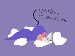 Size: 1200x896 | Tagged: safe, artist:jennifer lam, imported from derpibooru, oc, oc only, oc:cozy comfort, pony, blanket, computer, hahcon, laptop computer, pillow, solo