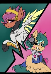 Size: 787x1133 | Tagged: safe, artist:mdragonflame, imported from derpibooru, oc, oc only, oc:cozy comfort, oc:glitch gamepad, pony, clothes, cosplay, costume, d.va, hahcon, looking at you, mercy, overwatch, whisker markings