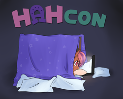 Size: 2480x2000 | Tagged: safe, artist:scribbles heart, imported from derpibooru, oc, oc only, oc:cozy comfort, pony, computer, hahcon, laptop computer, pillow, pillow fort, solo
