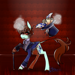 Size: 1000x1000 | Tagged: safe, artist:quill-scribbles, imported from derpibooru, oc, oc only, pony, unicorn, cane, clothes, hat, scroll, solo, suit, top hat
