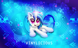 Size: 5760x3600 | Tagged: safe, artist:sol-r, imported from derpibooru, dj pon-3, vinyl scratch, pony, unicorn, absurd resolution, chest fluff, cute, ear fluff, female, hooves, horn, lens flare, lying down, mare, music notes, open mouth, reflection, scraton, solo, speaker, speakers, text, vector, vinylicious, wallpaper