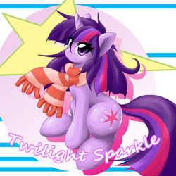 Size: 2000x2000 | Tagged: safe, artist:ragurimo, imported from derpibooru, twilight sparkle, pony, unicorn, clothes, cute, female, mare, scarf, sitting, smiling, solo, twiabetes