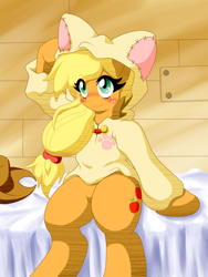 Size: 1500x2000 | Tagged: safe, artist:ragurimo, imported from derpibooru, applejack, earth pony, pony, applecat, blushing, cat's pajamas, clothes, costume, cowboy hat, cute, female, freckles, hat, jackabetes, kigurumi, mare, sitting, solo, stetson