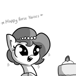 Size: 792x792 | Tagged: safe, artist:tjpones, imported from derpibooru, oc, oc only, oc:brownie bun, earth pony, pony, horse wife, :d, cake, cheesecake, cute, descriptive noise, dilated pupils, eyes on the prize, female, food, grayscale, happy, horse noises, mare, meme, monochrome, no bake cheesecake, ocbetes, open mouth, simple background, single panel, smiling, solo, sparkles, starry eyes, tjpones is trying to murder us, white background, wingding eyes