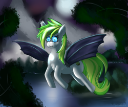 Size: 1280x1072 | Tagged: safe, artist:silver-draws-ponies, imported from derpibooru, oc, oc only, oc:kiwi, bat pony, pegasus, pony, blue eyes, green hair, moon, mountain, scenery, solo, tree, water