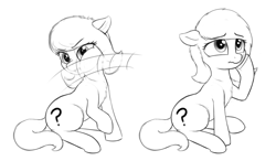 Size: 2117x1240 | Tagged: safe, artist:smoldix, imported from derpibooru, oc, oc only, oc:filly anon, earth pony, pony, :t, abuse, cheek squish, chest fluff, ear fluff, female, filly, fluffy, frown, leg fluff, lidded eyes, looking up, mare, monochrome, nose wrinkle, rubbing, sad, simple background, slap, solo, squishy cheeks, wavy mouth, white background, wide eyes