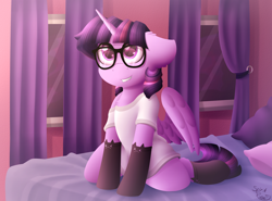 Size: 2700x2000 | Tagged: safe, artist:spirit-dude, imported from derpibooru, twilight sparkle, alicorn, pony, bed, chest fluff, clothes, curtains, cute, ear fluff, female, floppy ears, glasses, kneeling, looking up, off shoulder, on bed, pillow, shirt, signature, smiling, solo, stockings, t-shirt, thigh highs, twiabetes, twilight sparkle (alicorn), window