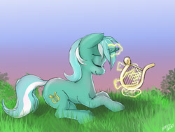 Size: 814x613 | Tagged: safe, artist:hardbrony, imported from derpibooru, lyra heartstrings, pony, eyes closed, female, glowing horn, grass, hand, lyre, magic, magic hands, prone, signature, sky, smiling, solo