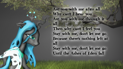 Size: 1920x1080 | Tagged: safe, artist:skrittzs, imported from derpibooru, queen chrysalis, changeling, 3d, ashes of eden, breaking benjamin, female, gmod, lyrics, sad, solo, text
