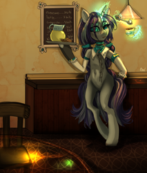 Size: 500x588 | Tagged: safe, artist:php154, artist:trojan-pony, imported from derpibooru, oc, oc only, pony, semi-anthro, unicorn, bipedal, cafe, clothes, cookie, enhanced ponies, food, juice, lemonade, maid