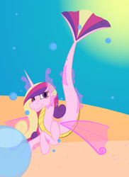Size: 768x1056 | Tagged: safe, artist:ahaintthatbad, imported from derpibooru, princess cadance, siren, bubble, female, sirenified, solo, species swap, underwater