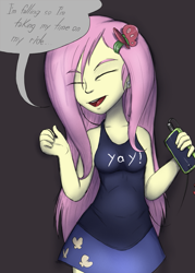 Size: 605x847 | Tagged: safe, artist:gabbslines, imported from derpibooru, fluttershy, equestria girls, breasts, clothes, dialogue, earbuds, eyes closed, female, hairpin, lyrics, mp3 player, open mouth, ride, simple background, singing, skirt, smiling, solo, song reference, speech bubble, text, twenty one pilots