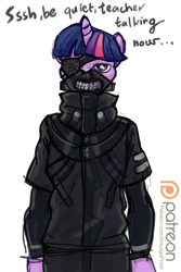 Size: 853x1280 | Tagged: safe, artist:smudge proof, imported from derpibooru, twilight sparkle, anthro, clothes, cosplay, costume, female, kaneki ken, mask, patreon, patreon logo, sketch, solo, this will end in tears and/or death, tokyo ghoul