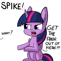 Size: 1080x1080 | Tagged: safe, artist:tjpones, artist:tjpones edits, edit, imported from derpibooru, spike, twilight sparkle, alicorn, dragon, pony, abuse, angry, censored, chest fluff, dialogue, exploitable meme, get it the f#@k out of here, gtfo, implied spike, meme, offscreen character, open mouth, simple background, sitting, spikeabuse, twibitch sparkle, twilight sparkle (alicorn), vulgar, white background, yelling