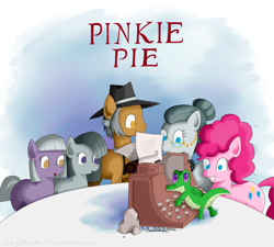 Size: 900x810 | Tagged: safe, artist:tierraverde, imported from derpibooru, cloudy quartz, gummy, igneous rock pie, limestone pie, marble pie, pinkie pie, pony, blank flank, cover, pie family, pie sisters, pun, quartzrock, siblings, sisters, typewriter