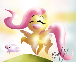 Size: 4328x3517 | Tagged: dead source, safe, artist:shellielle, imported from derpibooru, angel bunny, fluttershy, pegasus, pony, eyes closed, happy, open mouth, pointy ponies