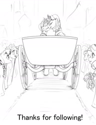 Size: 1280x1656 | Tagged: safe, artist:silfoe, imported from derpibooru, princess luna, rarity, twilight sparkle, oc, oc:honey hominy, oc:pristine codex, alicorn, pony, royal sketchbook, blind, carriage, female, grayscale, kissing, lesbian, monochrome, shipping, twilight sparkle (alicorn), twiluna, walking stick