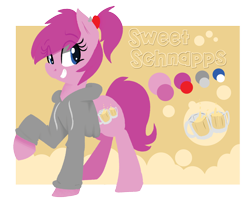 Size: 2508x2085 | Tagged: safe, artist:themodpony, imported from derpibooru, oc, oc only, oc:schweet schnapps, earth pony, pony, alcohol, clothes, cutie mark, female, hooves, lineless, mare, ponytail, reference sheet, solo, teeth, text