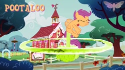 Size: 640x360 | Tagged: safe, imported from derpibooru, scootaloo, explosion, explosive fart, fart, fart propulsion, female, mushroom cloud, ponyville schoolhouse, pootaloo, solo