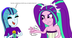Size: 2443x1303 | Tagged: safe, artist:eagc7, imported from derpibooru, aria blaze, sonata dusk, equestria girls, angry, bare arms, bare shoulders, clothes, happy, headband, jacket, shirt, shrunk, shrunk clothing, sleeveless, smiley face, strapless, strapless shirt, t-shirt, the dazzlings